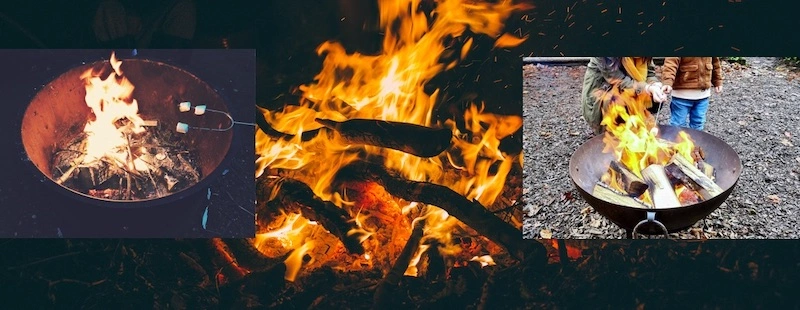Collage of campfires and fire pits at Ditchling Camping, including marshmallows being toasted.