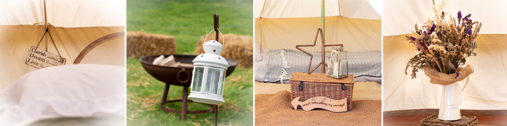 Selection of luxury glamping features at Ditchling Camping including bell tent interiors, rustic decor, and fire pits